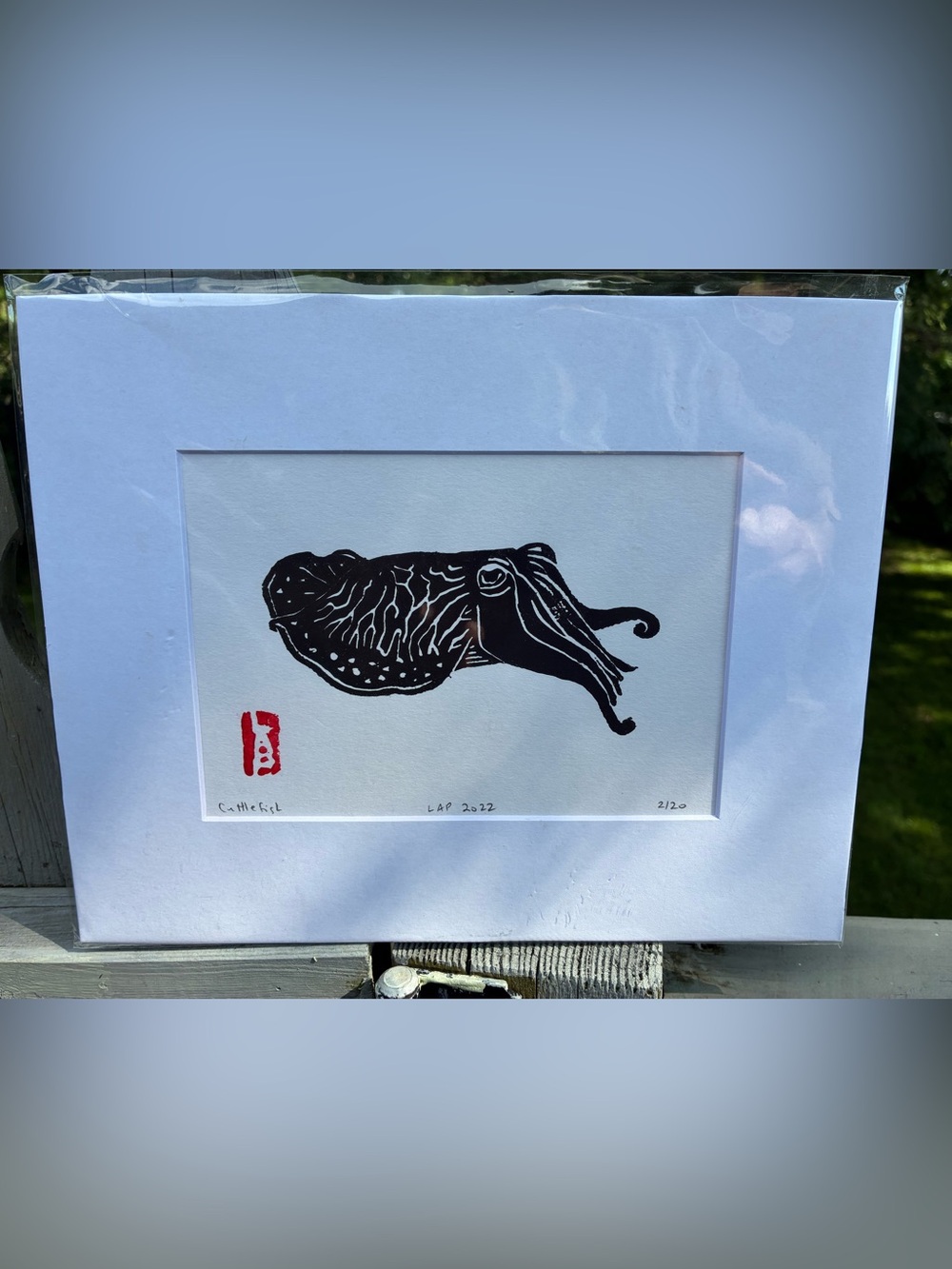 Framed Black Cuttlefish Linocut Art Print by Portagiere Signed Limited Print